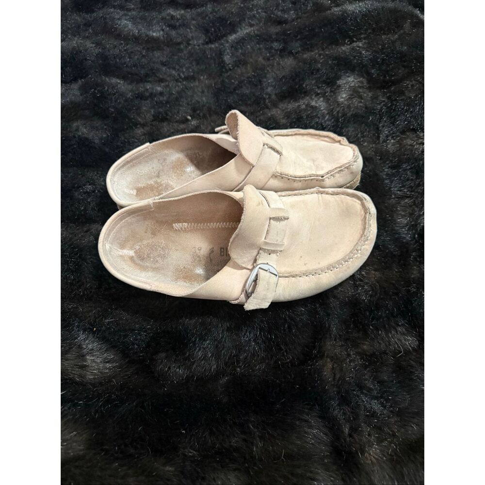 Birkenstock Buckley Size 39 8.5 Tan Suede Slip-On Clogs With Buckle & Cork Sole